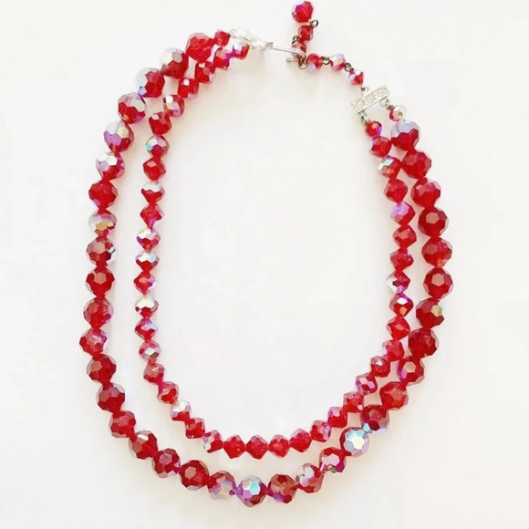 Vintage 1950s Ruby Swarovski Crystal Aurora Borealis Beaded Necklace - Picture 1 of 8